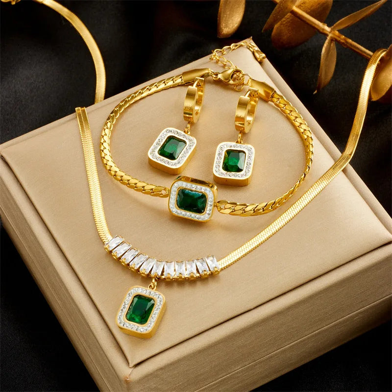 Stainless Steel Luxury Non-fading Square Green Crystal Zircon Pendant Necklace Earrings Jewelry Set For Women