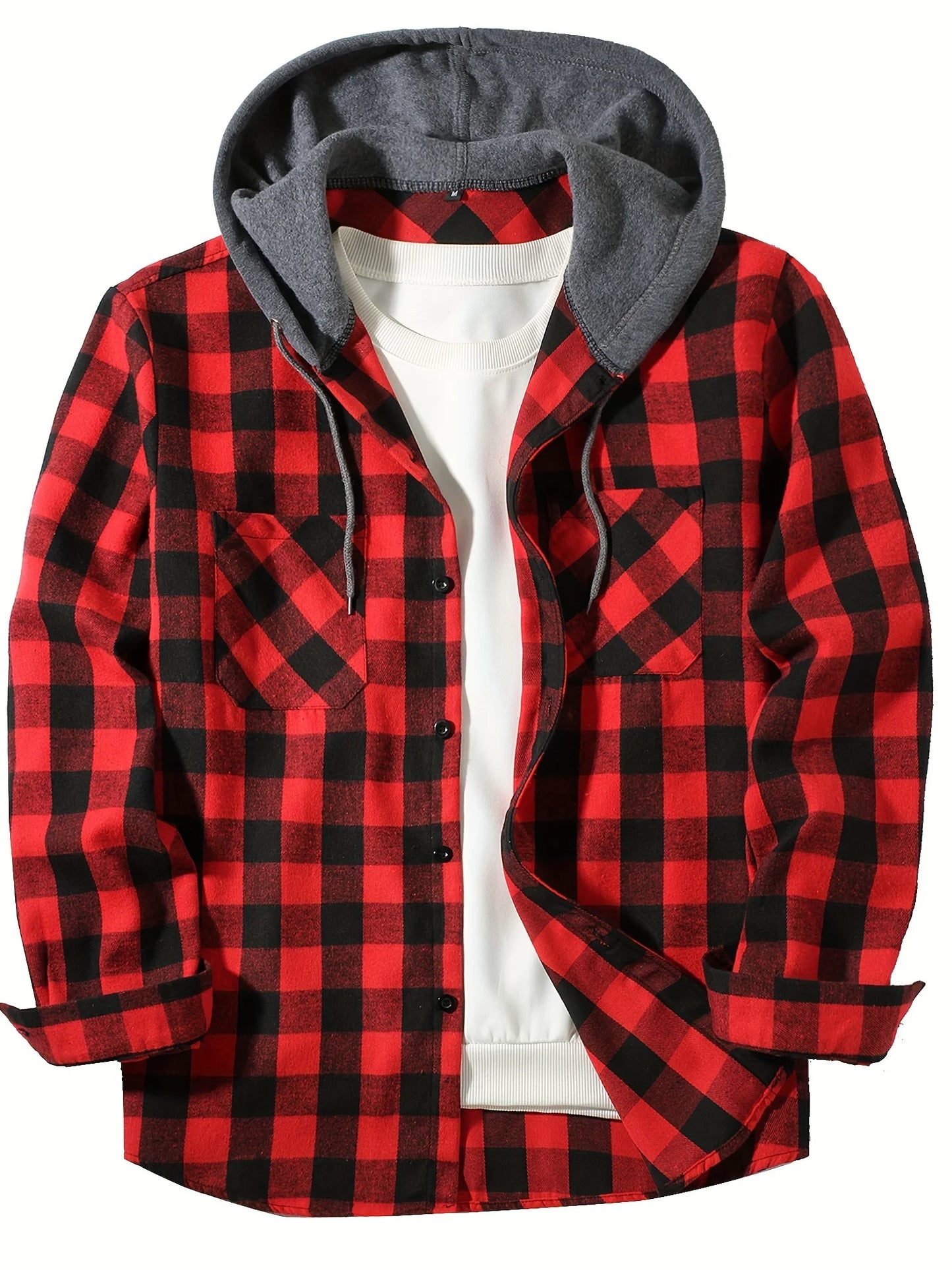 Youth Fashion Street Hooded Plaid Shirt Men's Slim Fit Long Sleeved Shirt Couple Travel Casual Shirt Men's Sports Shirt Jacket