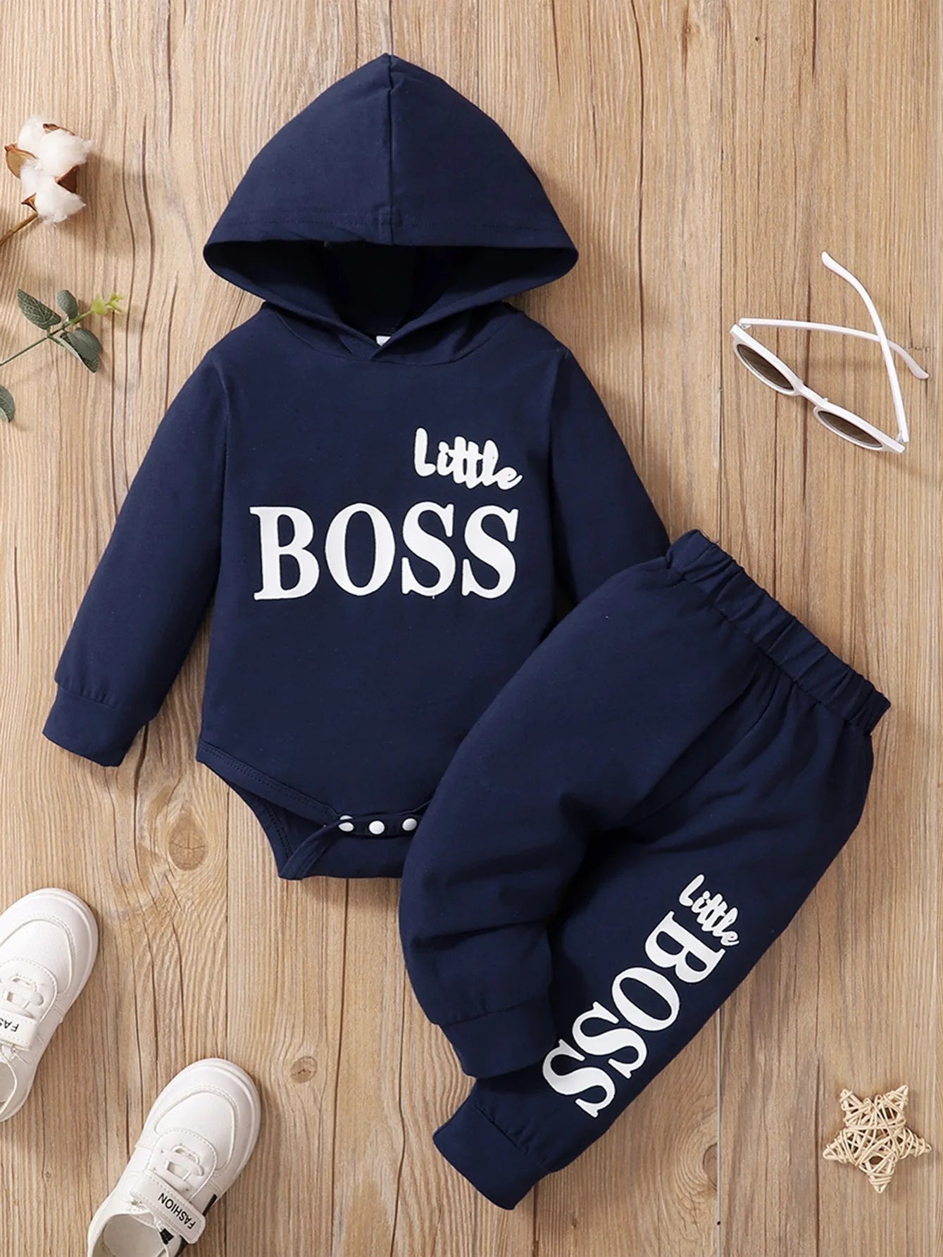 Baby Boy Hooded Suit 2Pcs Set Long Sleeve Letter Bodysuit