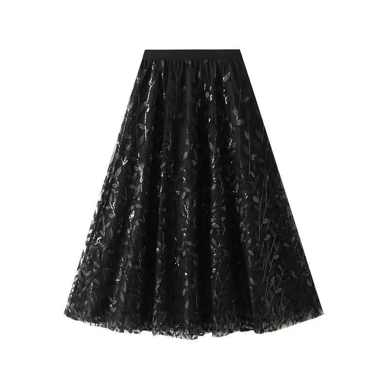 Skirts Women 2025 New Autumn Winter Korean Fashion Elegant High Waist A-Line Tulle Midi Skirts