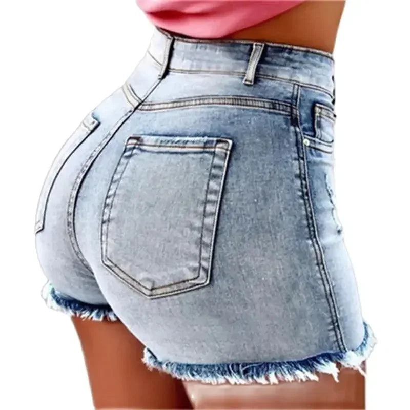 Women Tight Hip Lift Stretch Denim Shorts Fashion Tassel Three Quarter