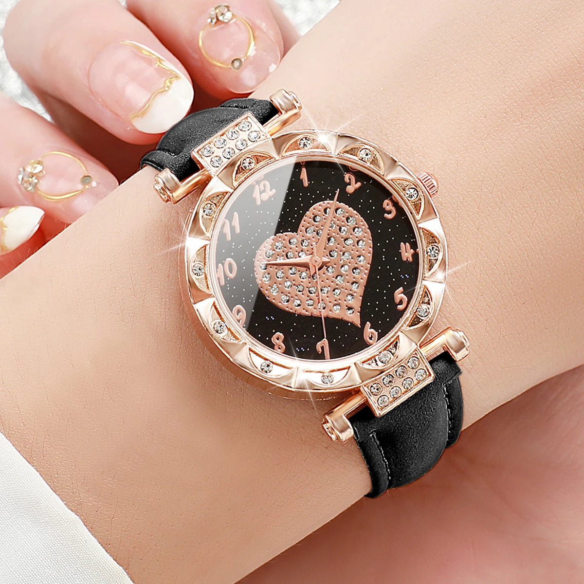 3PCS Women Watches Fashion Rhinestone Heart Dial Quartz Watch Female Leather Band Wristwatches Set（Without Box）