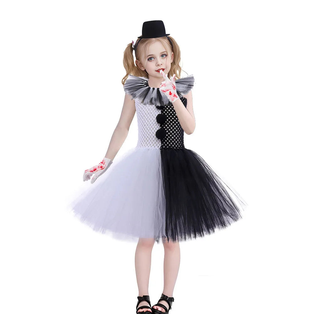 Halloween Karneval Clown Kostüm Süßes Weiß Schwarz Tutu Kleid für Mädchen Geburtstagsparty Kleid Urlaub Geschenk Kleidung Zubehör Set