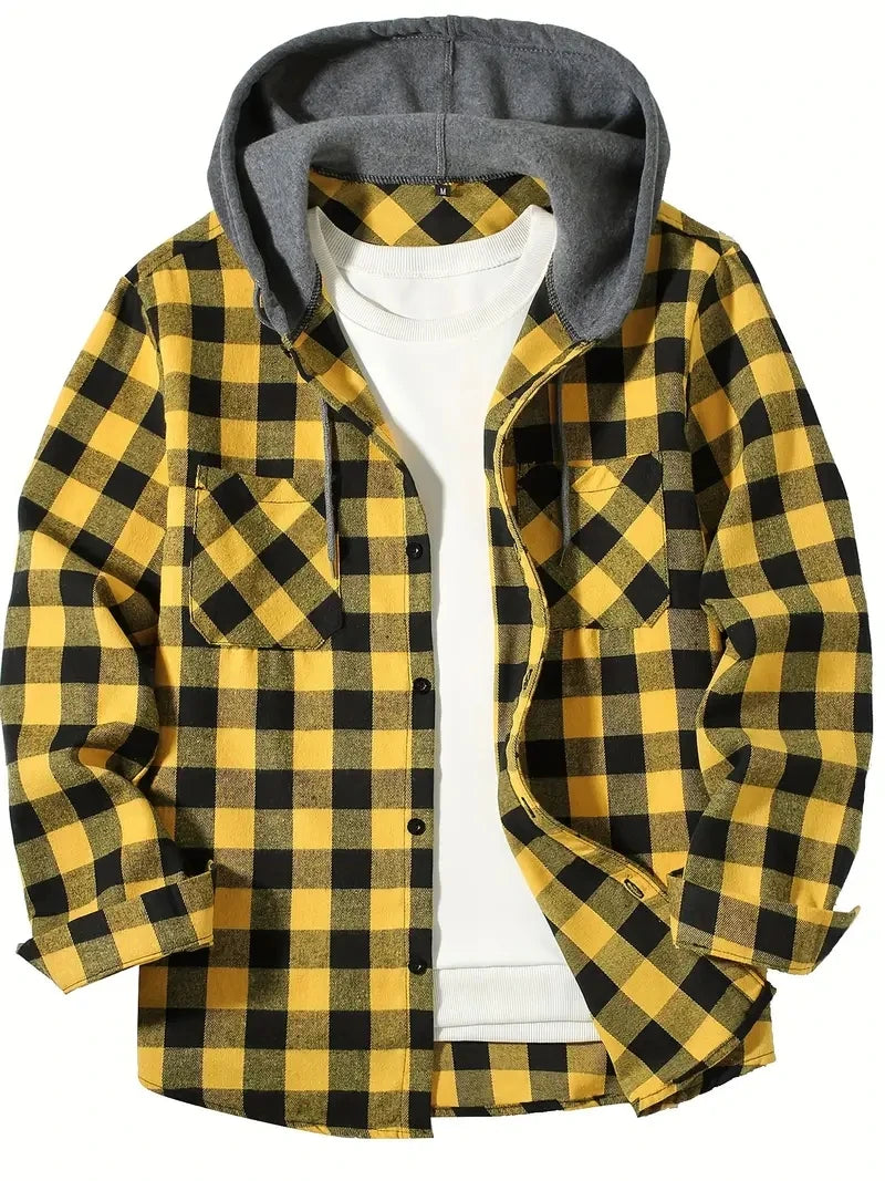 Youth Fashion Street Hooded Plaid Shirt Men's Slim Fit Long Sleeved Shirt Couple Travel Casual Shirt Men's Sports Shirt Jacket