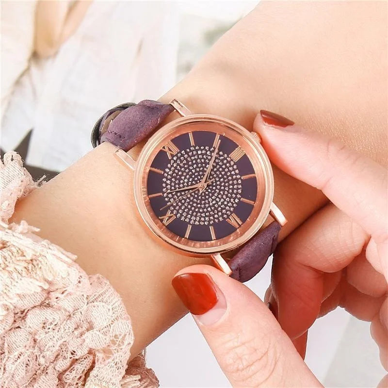 Women Watch Ladies Rhinestone Dial Wristwatch Leather Band Quartz Watches Gifts