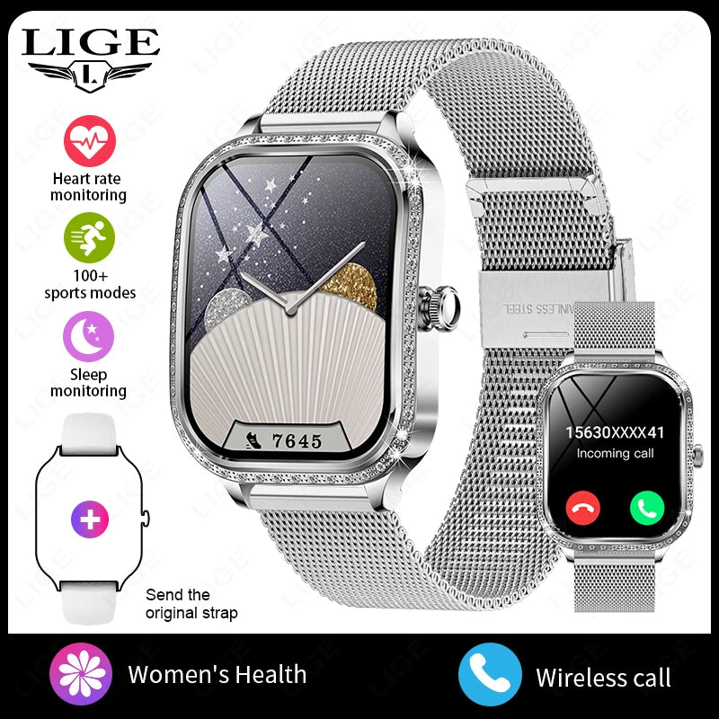 LIGE Fashion Women Smart Watch 1.75inch Curved Screen Sport Bracelet BT HD Calling Clock IP68 Waterproof Diamond Case Smartwatch