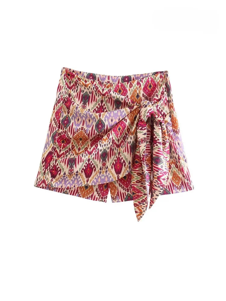 Knotted Totem Print Shorts Skirts Vintage High Waist Side Zipper