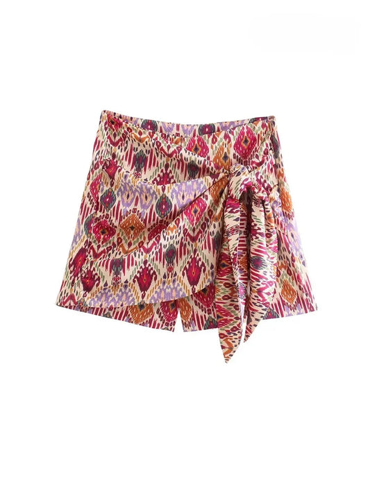 Knotted Totem Print Shorts Skirts Vintage High Waist Side Zipper