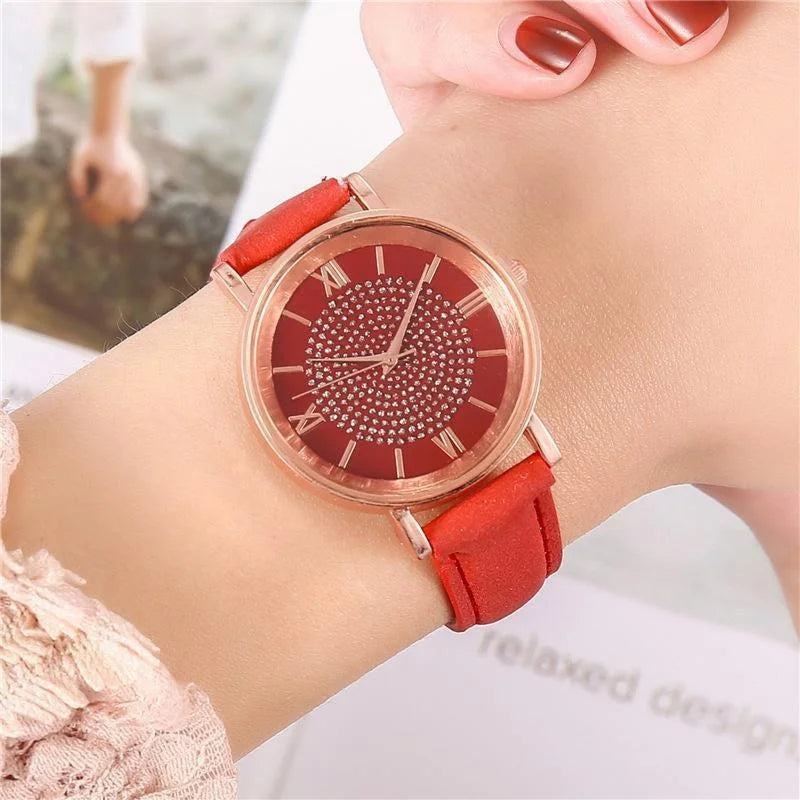 Women Watch Ladies Rhinestone Dial Wristwatch Leather Band Quartz Watches Gifts