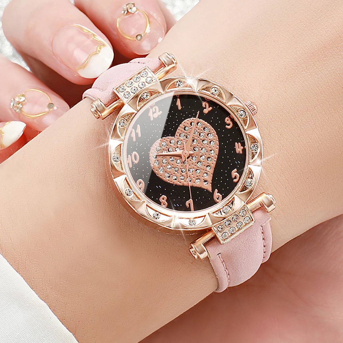 3PCS Women Watches Fashion Rhinestone Heart Dial Quartz Watch Female Leather Band Wristwatches Set（Without Box）