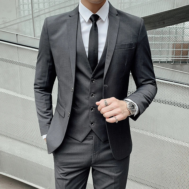 Suit (Blazer+ Vest + Pants) Men's Business Gentleman Fashion Slim Work Solid Color Plus Size Fair Dress Wedding Best Man Suit