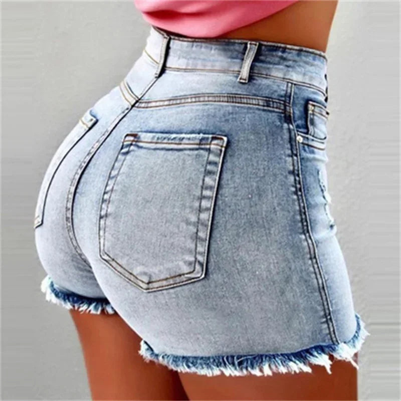 Women Tight Hip Lift Stretch Denim Shorts Fashion Tassel Three Quarter