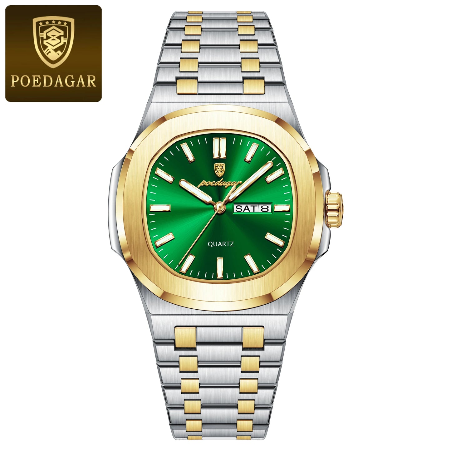 POEDAGAR Luxury Military Man Watch Square Waterproof Luminous Date Week Men Watch Stainless Steel Quartz Men's Watches Reloj+box