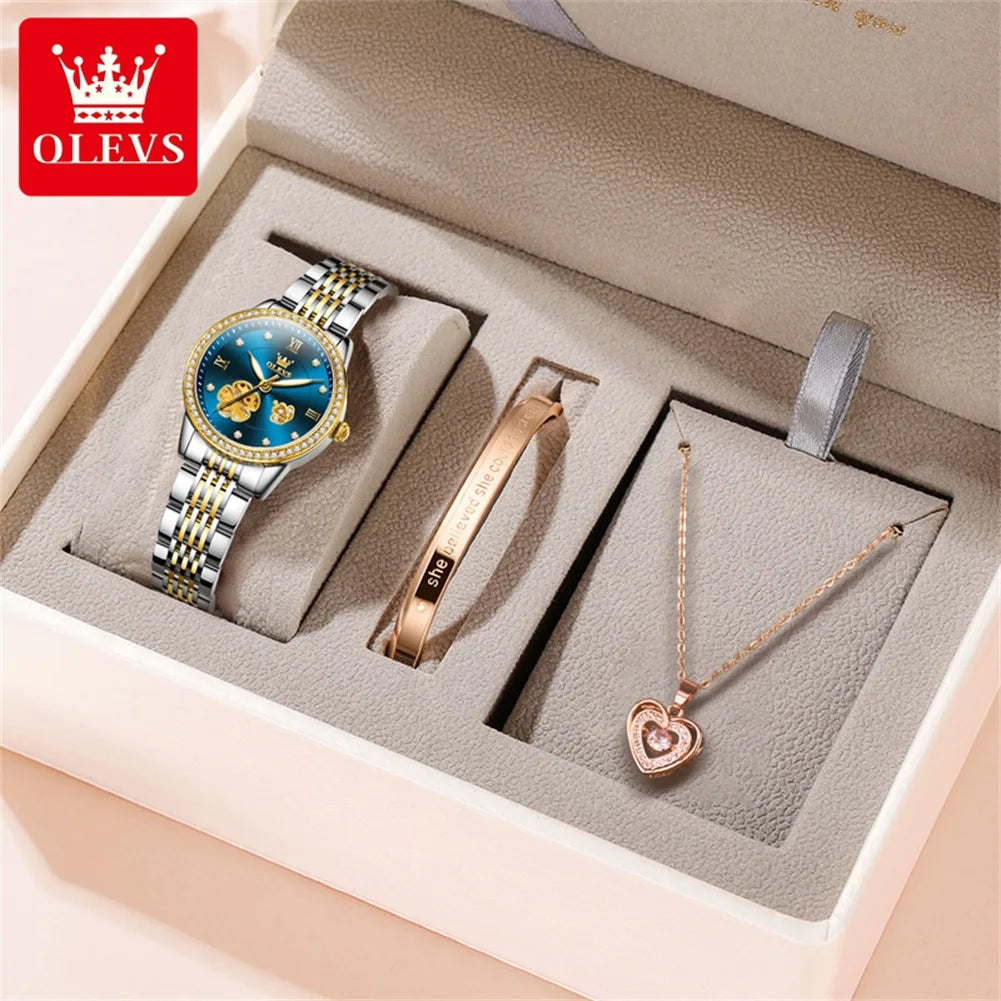 OLEVS 6706 New Hollow Automatic Watch For Women Flower Diamond Dial Mechanical Wrist Watches Waterproof Luxury Ladies Hand Clock