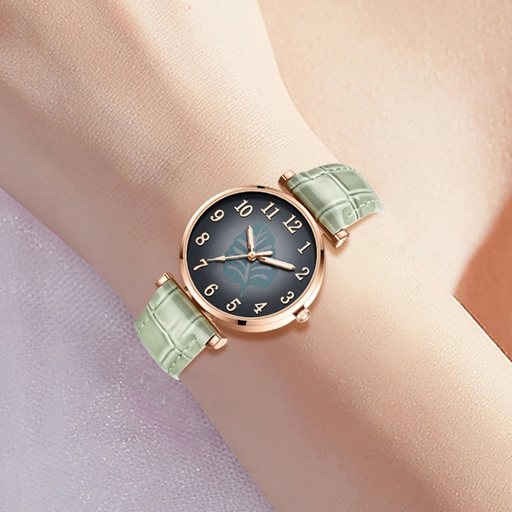 5PCS New Green Jewelry Women's Ring Necklace Earring Bracelet Set Simple Casual Style Arabic Digital Dial Quartz Watch Set