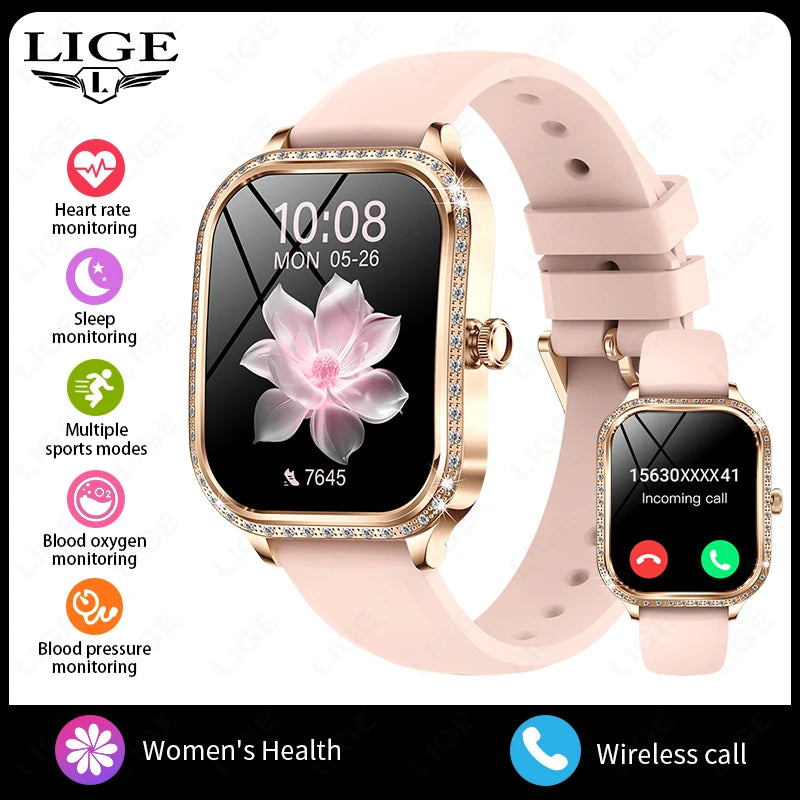 LIGE Fashion Women Smart Watch 1.75inch Curved Screen Sport Bracelet BT HD Calling Clock IP68 Waterproof Diamond Case Smartwatch