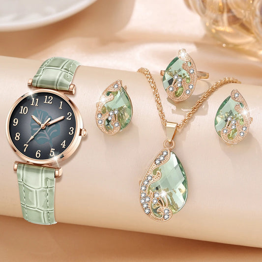 5PCS New Green Jewelry Women's Ring Necklace Earring Bracelet Set Simple Casual Style Arabic Digital Dial Quartz Watch Set