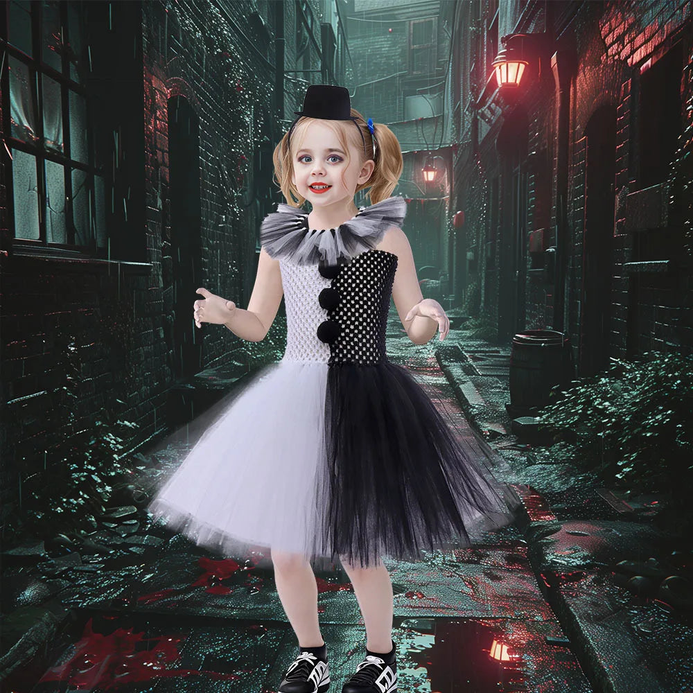 Halloween Karneval Clown Kostüm Süßes Weiß Schwarz Tutu Kleid für Mädchen Geburtstagsparty Kleid Urlaub Geschenk Kleidung Zubehör Set