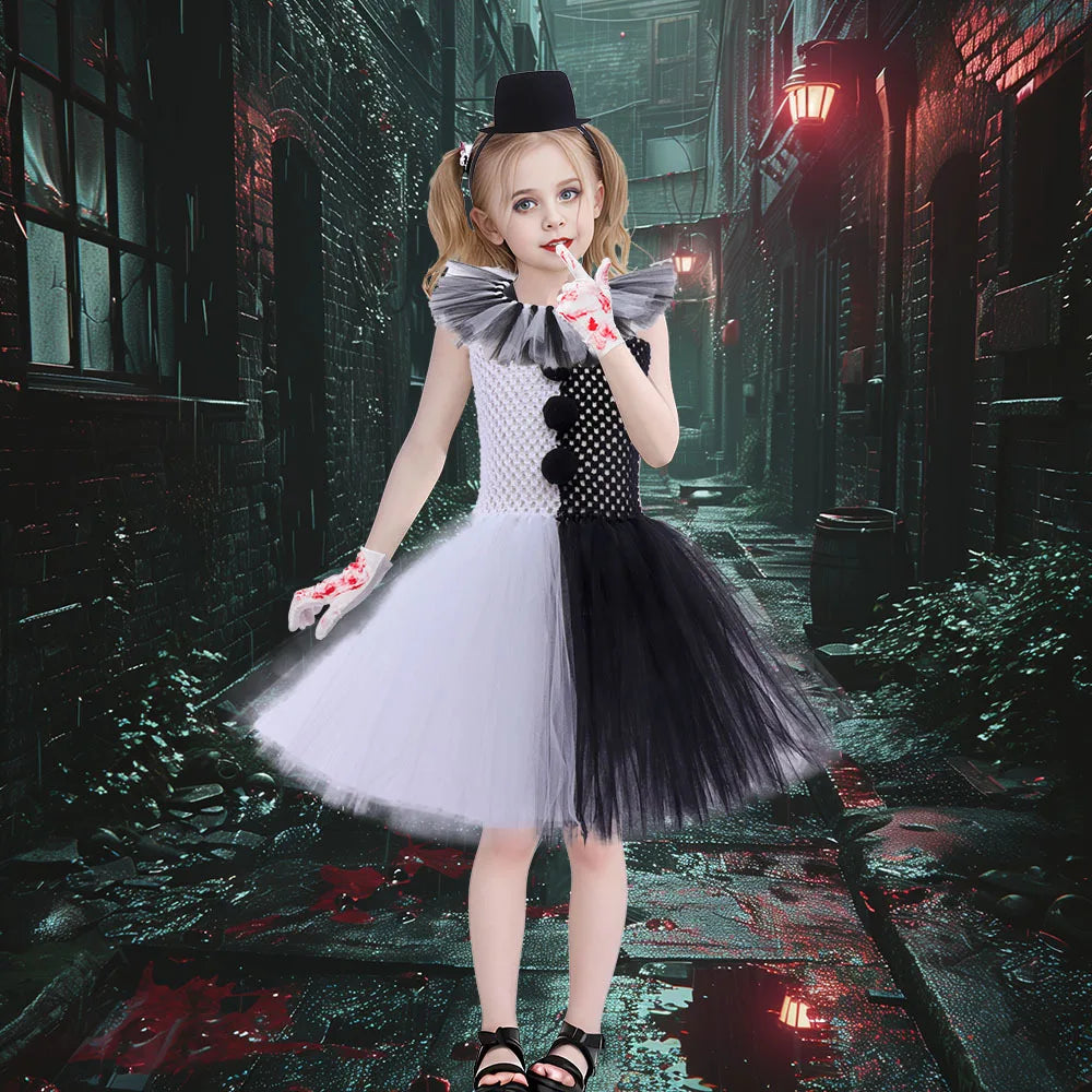 Halloween Karneval Clown Kostüm Süßes Weiß Schwarz Tutu Kleid für Mädchen Geburtstagsparty Kleid Urlaub Geschenk Kleidung Zubehör Set