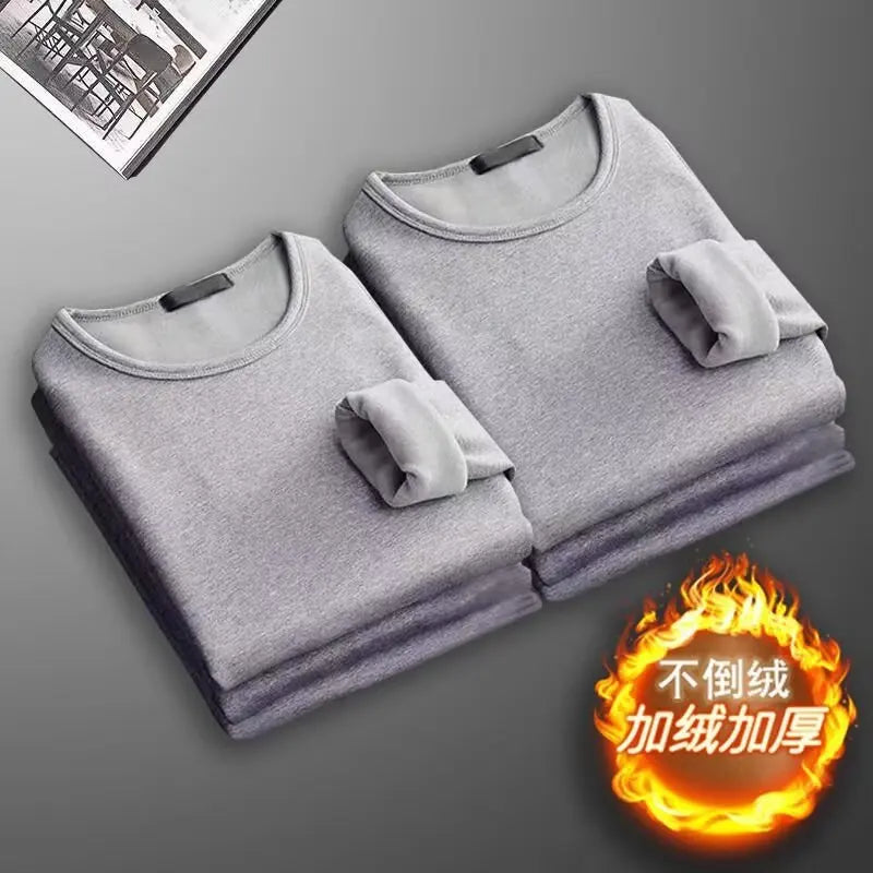 Men's Long Sleeve Thermal Underwear Round Neck Fleece Lined Slim Fit Base Shirt Pure Color Inner Wear Top Autumn Clothes