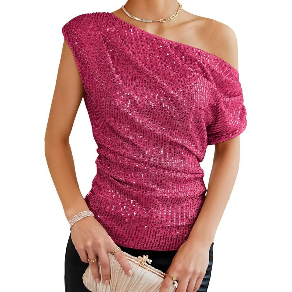 Latest Women's Spring and Summer One Shoulder Sequin Pleated Short Sleeved Women's Fashionable Multi-color Top