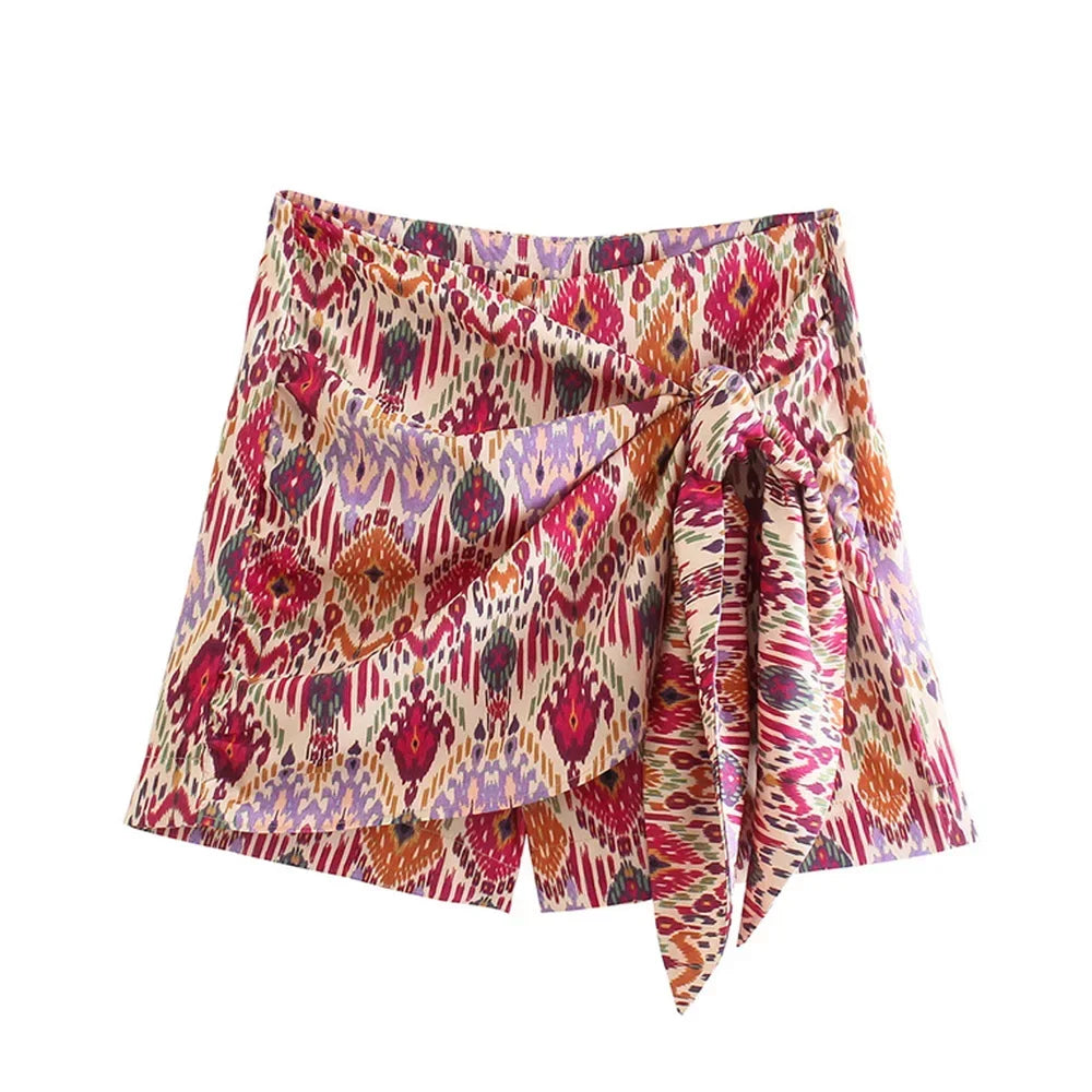 Knotted Totem Print Shorts Skirts Vintage High Waist Side Zipper