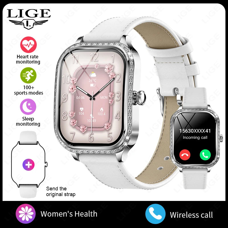 LIGE Fashion Women Smart Watch 1.75inch Curved Screen Sport Bracelet BT HD Calling Clock IP68 Waterproof Diamond Case Smartwatch