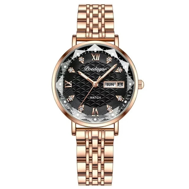 POEDAGAR Watch Women New Fashion Luxury Stainless Steel Wristwatch Bracelet Simple Rose Gold Waterproof Luminous Ladies Watches