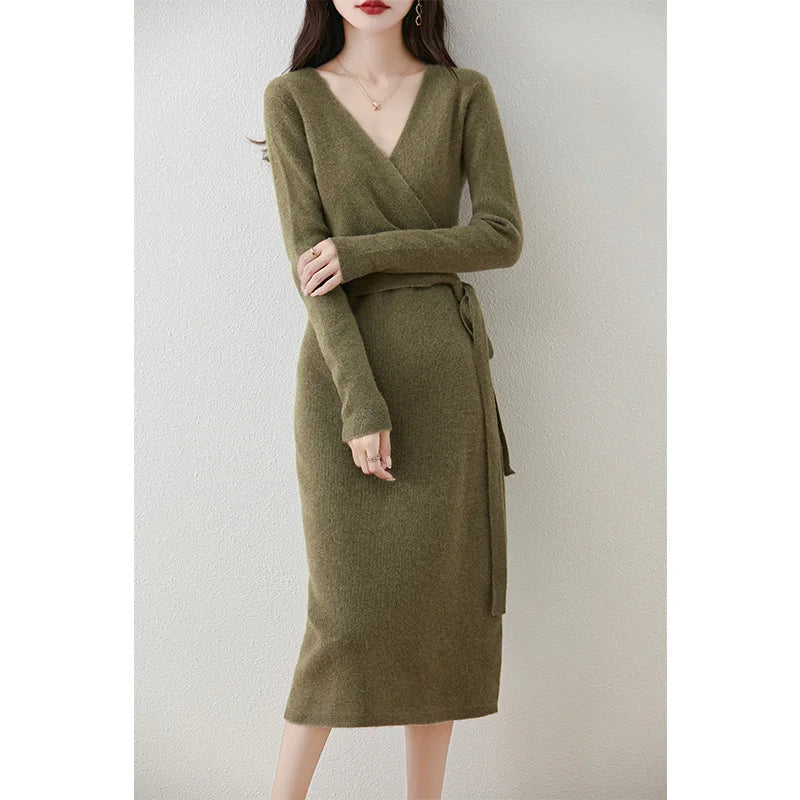 Winter Cashmere Knitted Dress, Long, Slim fit Women's Sweater, Hip wrapped Wool Skirt, Wool Tight Women's Long Skirt