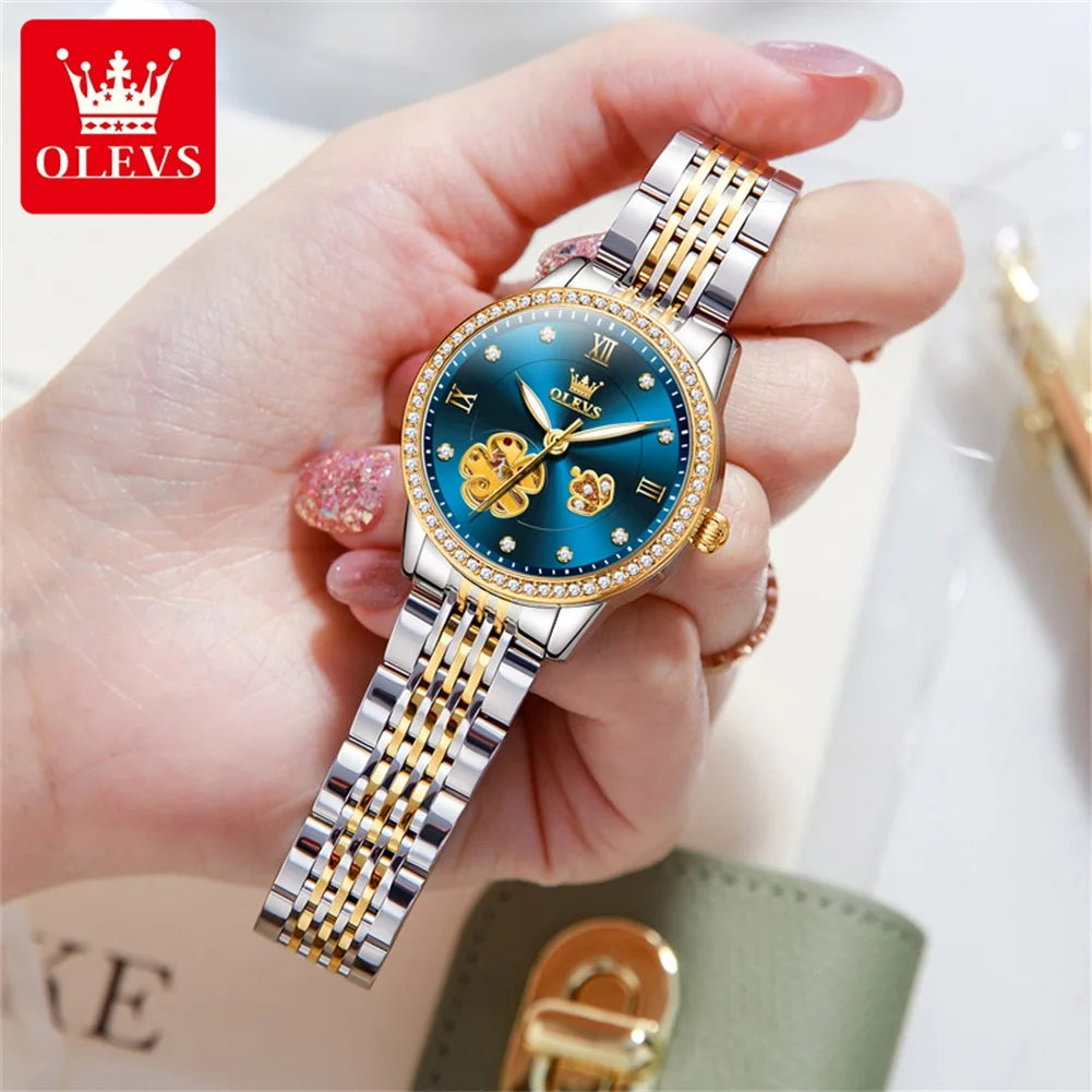 OLEVS 6706 New Hollow Automatic Watch For Women Flower Diamond Dial Mechanical Wrist Watches Waterproof Luxury Ladies Hand Clock