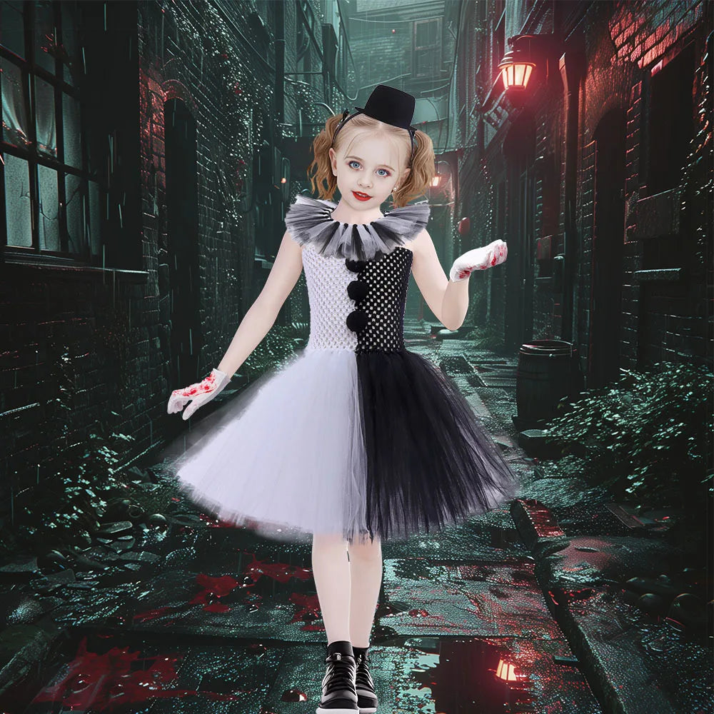 Halloween Karneval Clown Kostüm Süßes Weiß Schwarz Tutu Kleid für Mädchen Geburtstagsparty Kleid Urlaub Geschenk Kleidung Zubehör Set