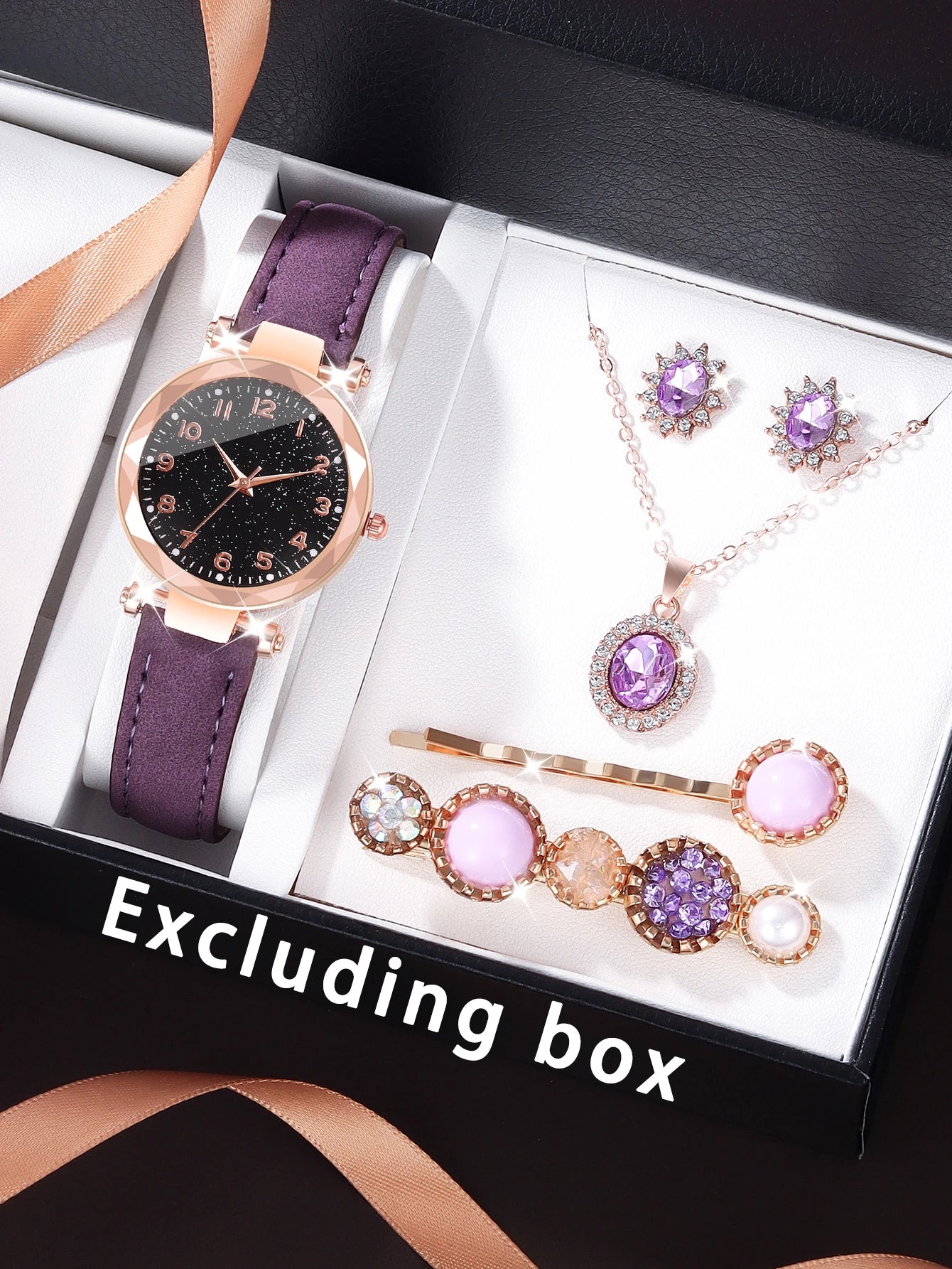 Purple fashion five-pointed star alloy leather women's quartz watch and purple hollow necklace set birthday gift wear pieces