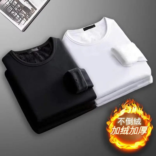 Men's Long Sleeve Thermal Underwear Round Neck Fleece Lined Slim Fit Base Shirt Pure Color Inner Wear Top Autumn Clothes