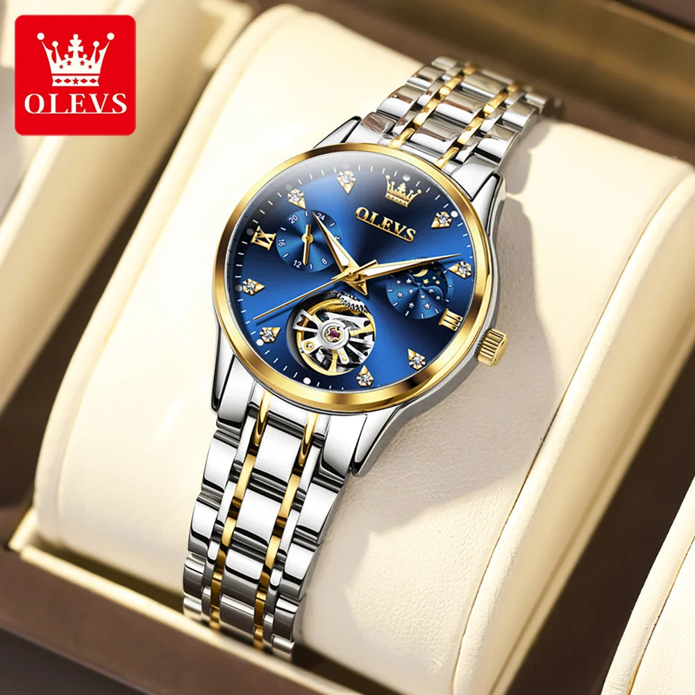 OLEVS 6608 Automatic Mechanical Watch For Women Deep Waterproof Luminous Moon Phase Hand Clock Original Luxury Women's Watches