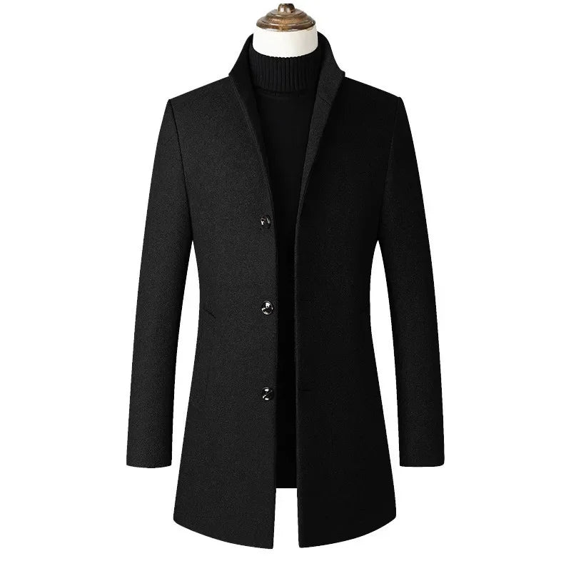 Medium-length Men's Jacket European Style Single-breasted Solid Color Simple Stand Collar Woolen Coat Autumn/winter Season Scene