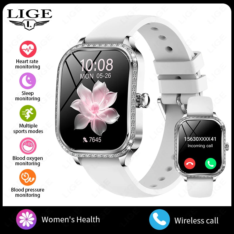 LIGE Fashion Women Smart Watch 1.75inch Curved Screen Sport Bracelet BT HD Calling Clock IP68 Waterproof Diamond Case Smartwatch