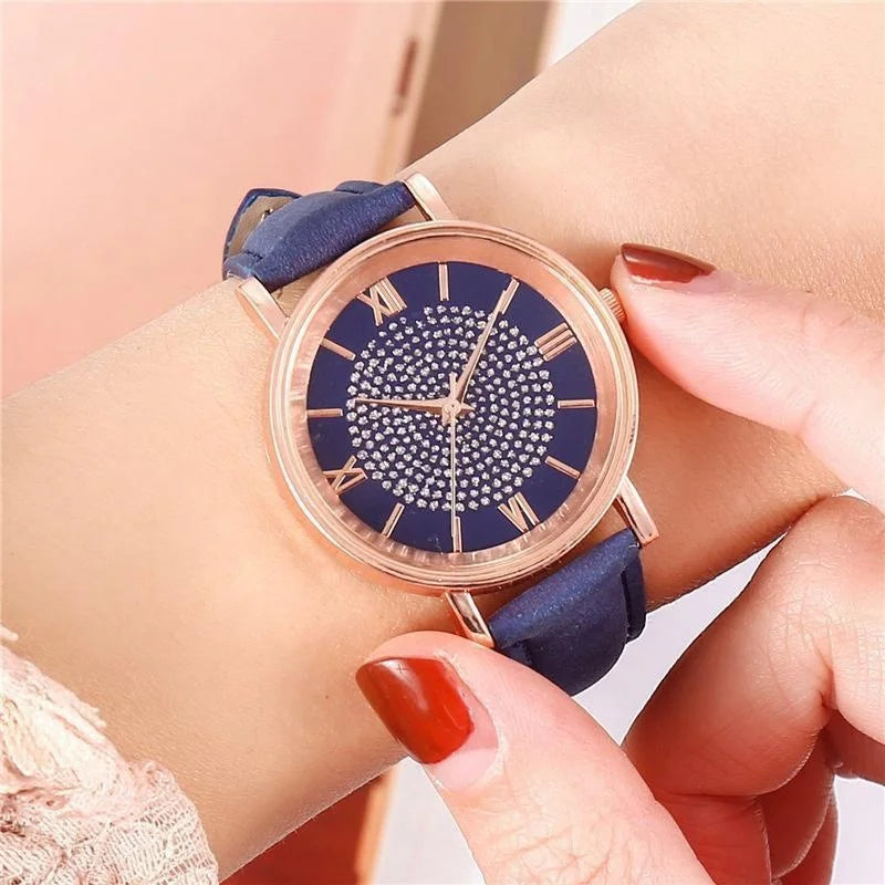 Women Watch Ladies Rhinestone Dial Wristwatch Leather Band Quartz Watches Gifts