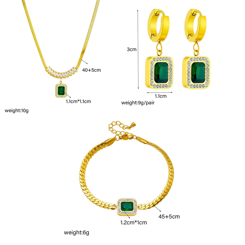 Stainless Steel Luxury Non-fading Square Green Crystal Zircon Pendant Necklace Earrings Jewelry Set For Women