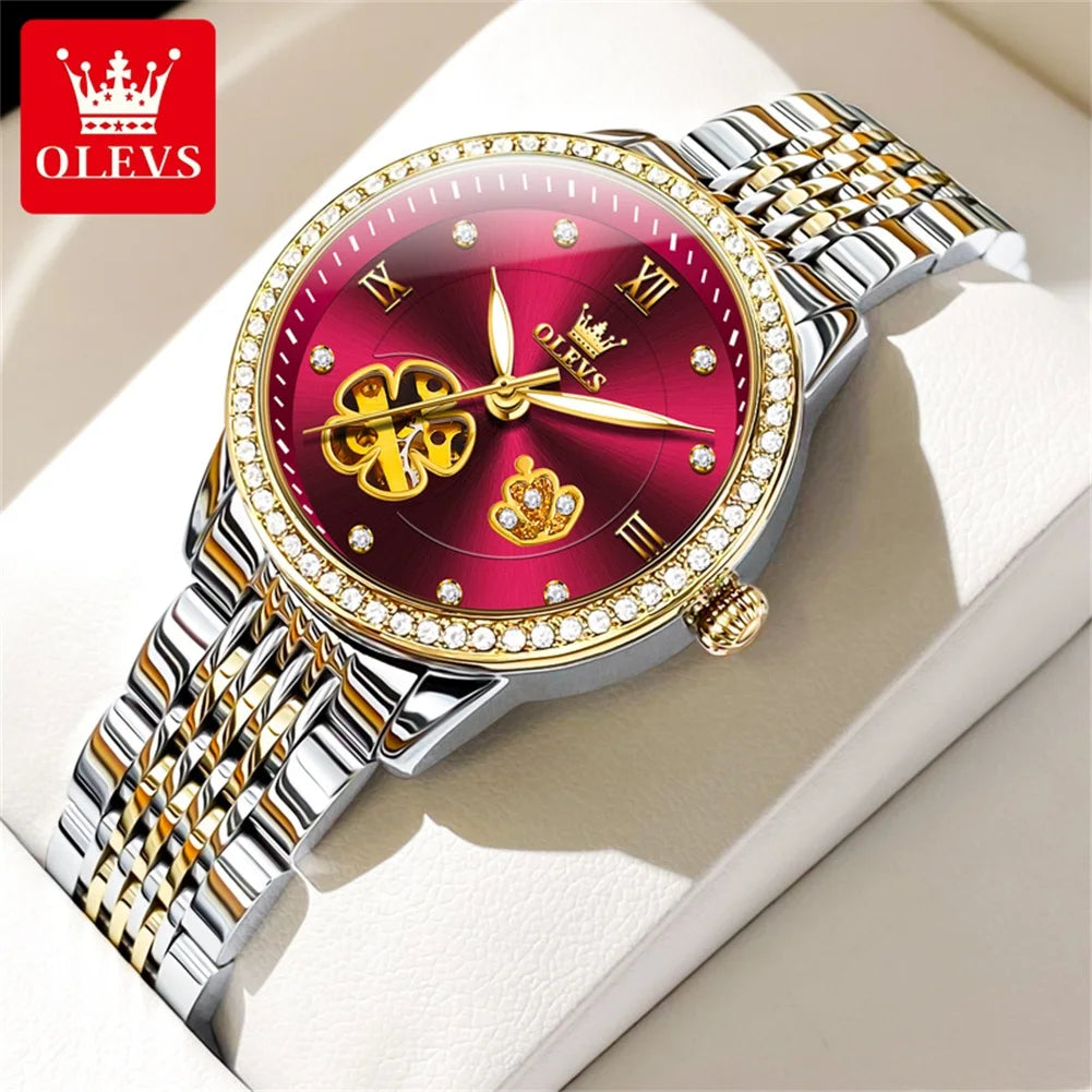 OLEVS 6706 New Hollow Automatic Watch For Women Flower Diamond Dial Mechanical Wrist Watches Waterproof Luxury Ladies Hand Clock