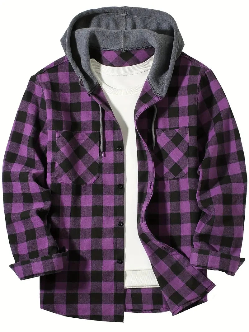 Youth Fashion Street Hooded Plaid Shirt Men's Slim Fit Long Sleeved Shirt Couple Travel Casual Shirt Men's Sports Shirt Jacket