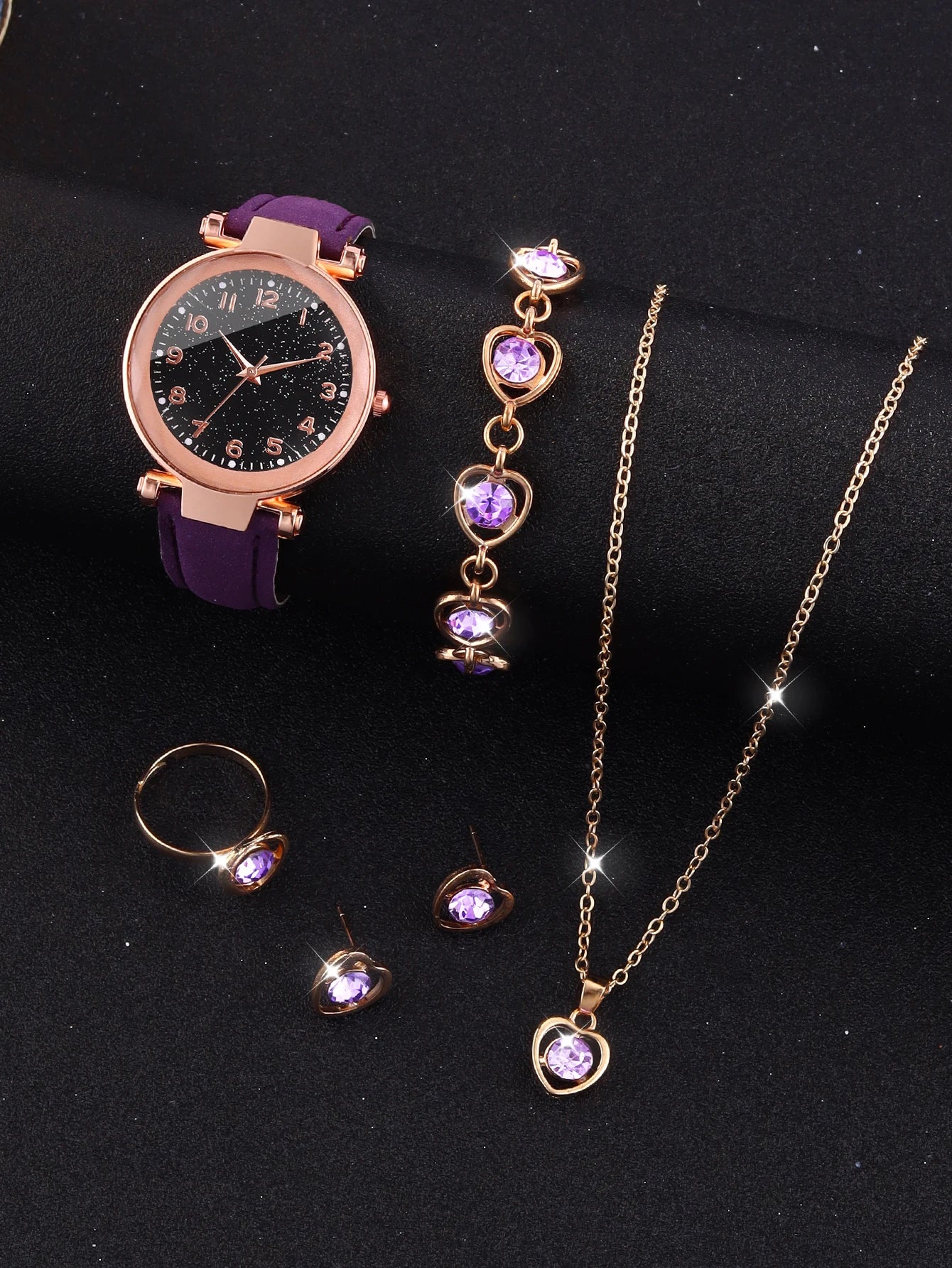 Purple fashion five-pointed star alloy leather women's quartz watch and purple hollow necklace set birthday gift wear pieces