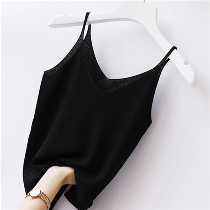 Winter Tops 2025 New Solid V-Neck Skinny Elastic Knitted Suspender Camis Women's Tanks Clothing Basics Shirt