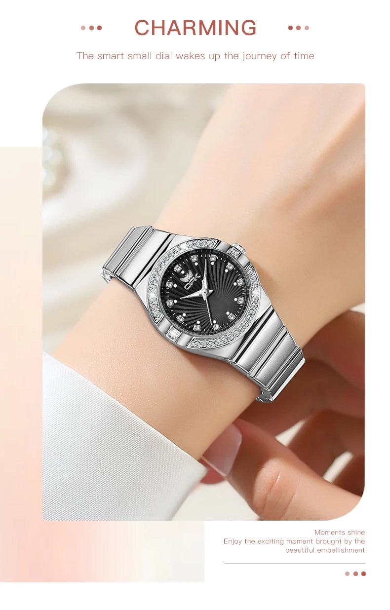 Women's Quartz Watches Elegant Fashion Stainless Steel Strap Waterproof Luminous Diamond Dial Ladies Dress Wristwatches