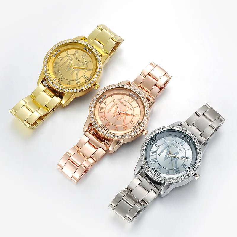 Luxury Rhinestone Dial Stainless Women Business Casual Quartz Watch