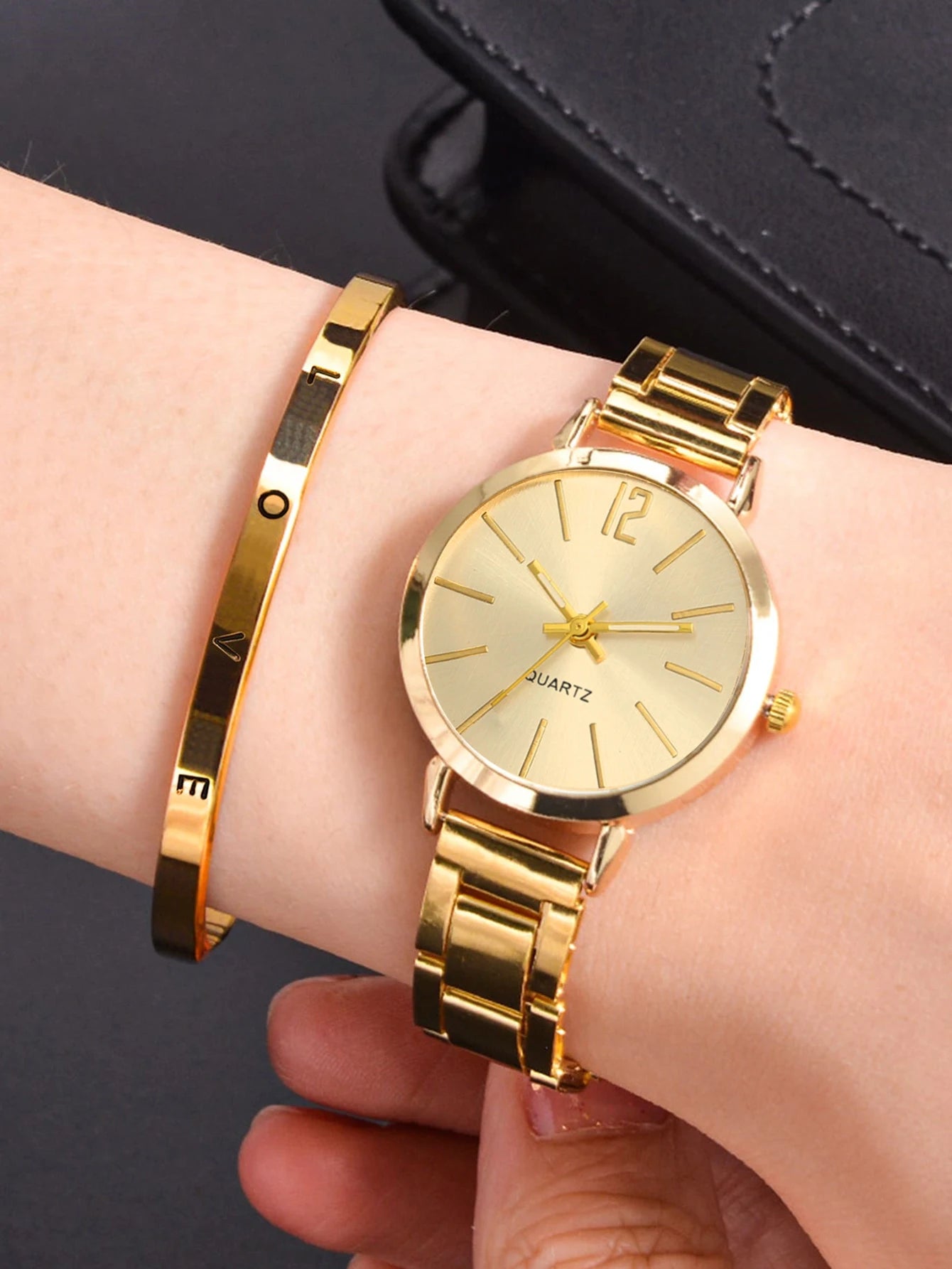 Fashion gold graduated compact women's quartz watch and LOVE bracelet set watch gift daily travel wear