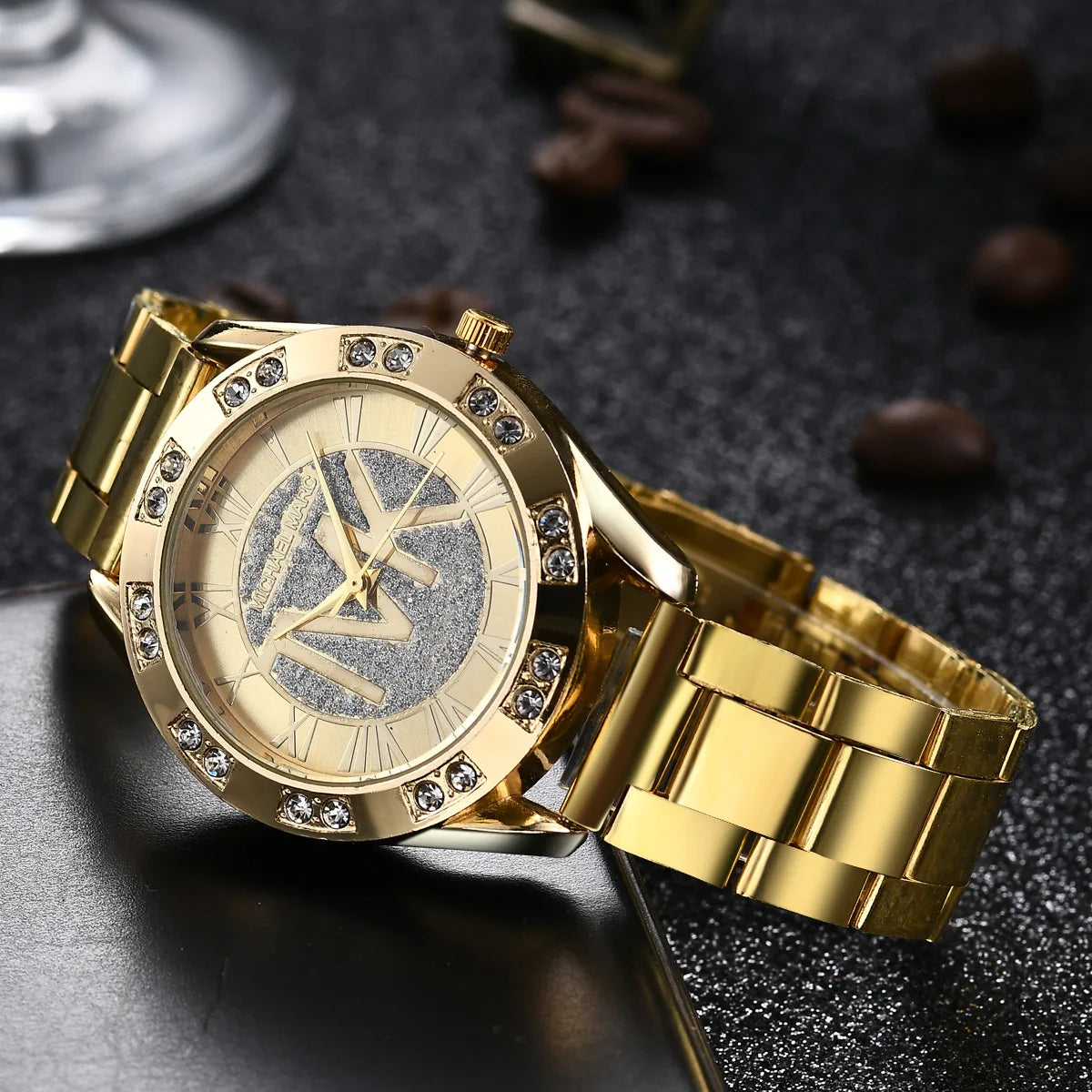 Luxury Women Watch Golden Stainless Steel Diamond Water Resistant Roman Digital Ladies Quartz Watches Relojes Digitales