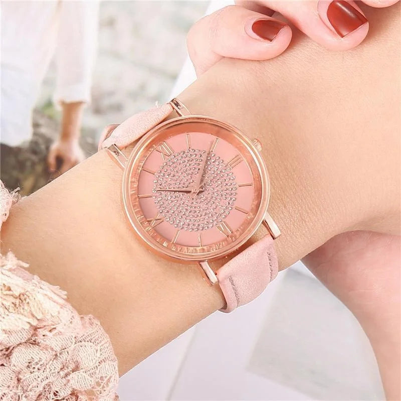 Women Watch Ladies Rhinestone Dial Wristwatch Leather Band Quartz Watches Gifts