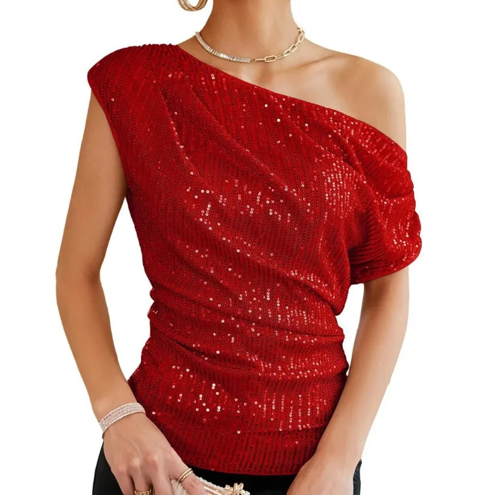 Latest Women's Spring and Summer One Shoulder Sequin Pleated Short Sleeved Women's Fashionable Multi-color Top