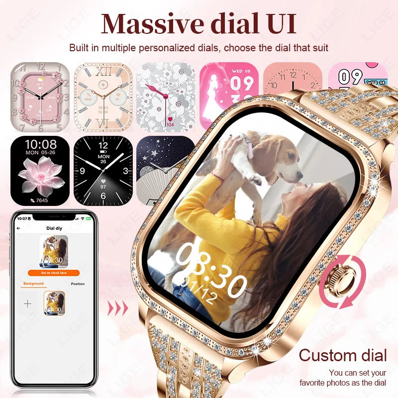 LIGE Fashion Women Smart Watch 1.75inch Curved Screen Sport Bracelet BT HD Calling Clock IP68 Waterproof Diamond Case Smartwatch