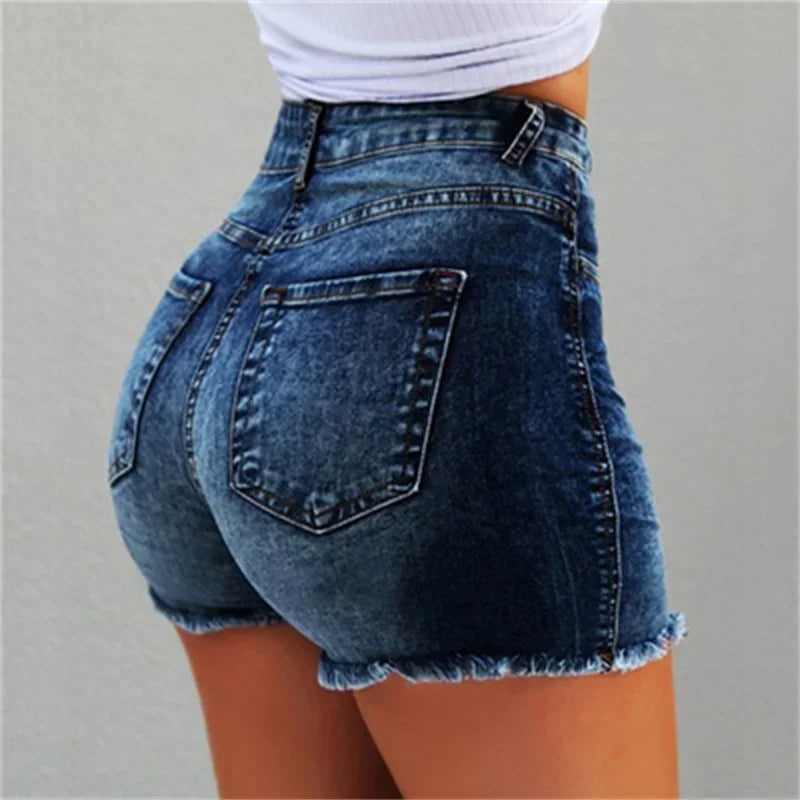 Women Tight Hip Lift Stretch Denim Shorts Fashion Tassel Three Quarter